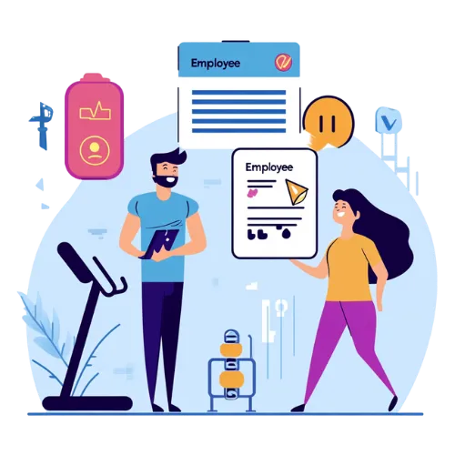 Illustration of HR managing employee benefits with icons for satisfaction and compliance.