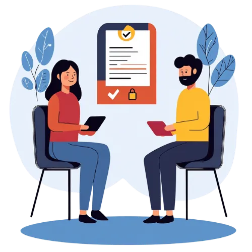 Illustration of candidate screening with two people discussing resumes