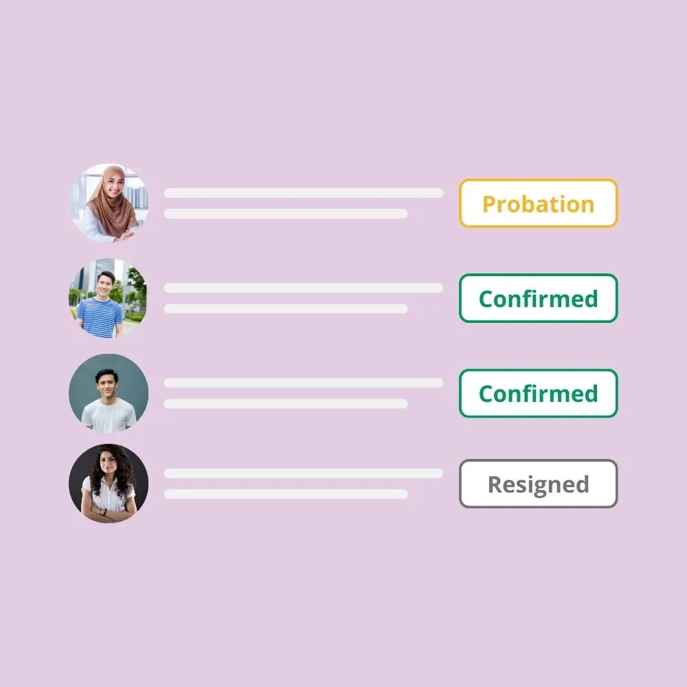 Unified HR management platform displaying employee status tracking with probation, confirmed, and resigned statuses