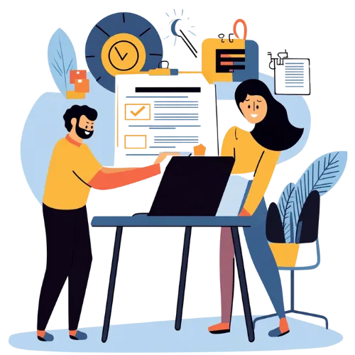 Illustration of two professionals discussing Employer of Record services with documents and icons