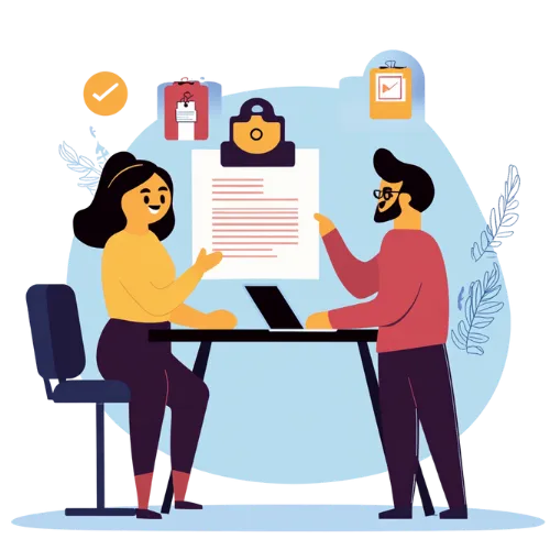 Illustration of two professionals discussing employment contracts with icons of compliance and regulations.