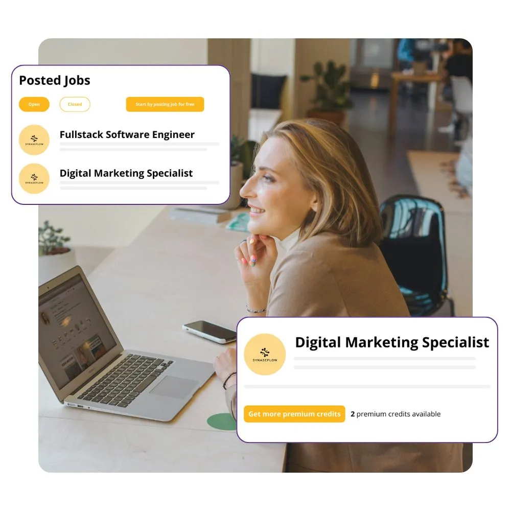 Job posting interface showing Fullstack Software Engineer and Digital Marketing Specialist roles