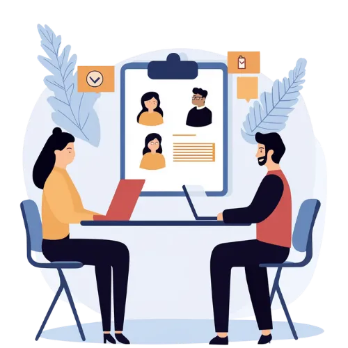 Illustration of HR professionals managing employee onboarding and offboarding processes with documents.
