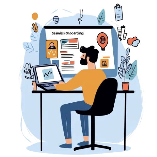 Illustration of onboarding process with professional setting up new hire details