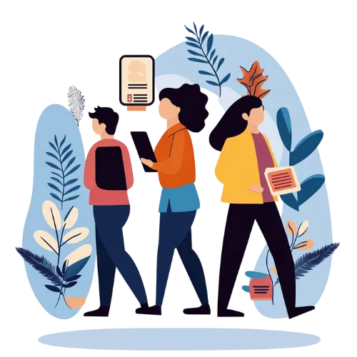 Illustration of professionals collaborating on HR support tasks in a creative workspace