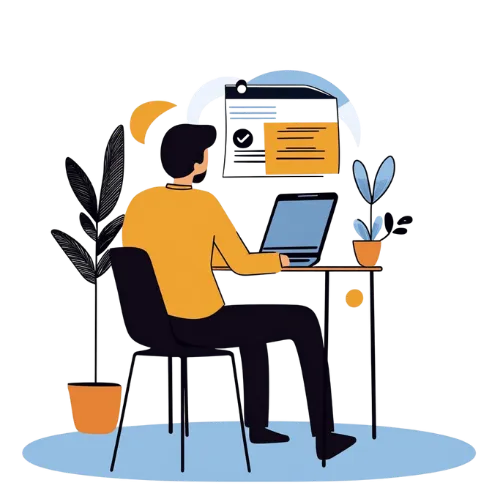 Illustration of a professional working on a laptop, representing scalable employer-of-record solutions.