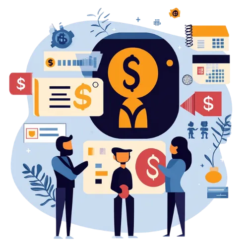 Illustration of global payments with currency symbols, professionals, and a globe